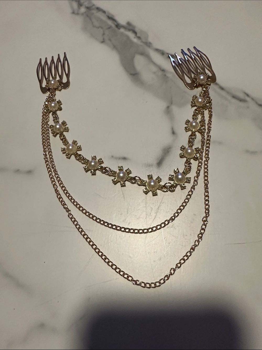 Gold Tone Pearl Floral Chain Hair Accessory